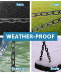 Image showing Built Tough Black Chain Link One Quarter Inch Twenty Foot Heavy Duty Hanging Chain in weather conditions like rain, sun, seawater, and snow.