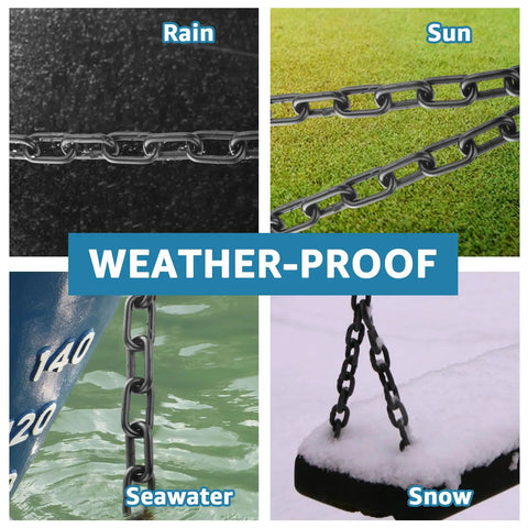 Image showing Built Tough Black Chain Link One Quarter Inch Twenty Foot Heavy Duty Hanging Chain in weather conditions like rain, sun, seawater, and snow.