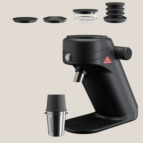 Game Changing Single Dose Coffee Grinder With 64 Millimeter Flat Burrs Stepless Adjustment in sleek black finish.