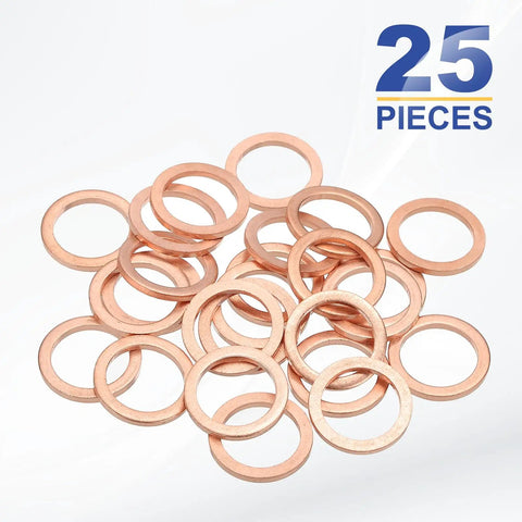 M12 Flat Washers Copper Drain Plug Gaskets Oil Crush Ring 25 Pack Heavy Duty Automotive Faucet showing multiple copper washers.