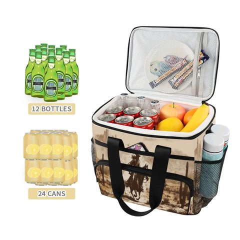 Desert Cowboy Style Insulated Lunch Bag With Comfortable Shoulder Strap 15L Reusable Cooler Box open with cans and fruits inside