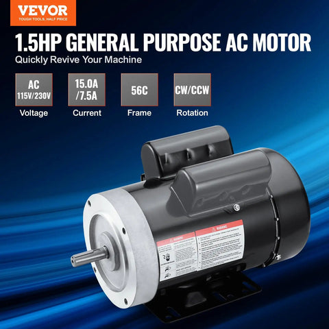 Beast 1.5HP Single Phase Electric Motor 3450 RPM 115 or 230V 56C frame with five eighths inch keyed shaft displayed on a blue background