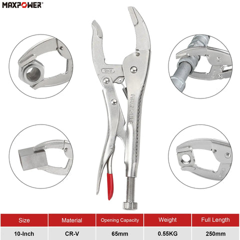 10 Inch Curved Jaw Locking Pliers Set With 2.5 Inch Opening And 65mm Max Capacity, showcasing adjustable screw and durable grip