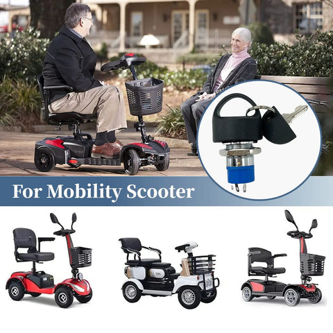 Ignition Switch With Key For Mobility Scooter Replacement Start On Off Keyed Switch With 2 Keys Compatible With Go Go Victory Series And Revo 2 Spare Keyed Start Button For Power Wheelchairs; image shows mobility scooter and switch.
