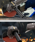 Heavy Duty Pneumatic Air Angle Grinder With 10000 RPM Motor And 110mm Disc in action, showing ergonomic grip and sparks during use.