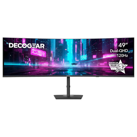 Massive 49 Inch Curved Ultrawide Monitor With Dual QHD 5120x1440, 32:9, HDR400, 120Hz VA Panel on an ergonomic stand