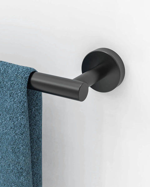 Close-up of Matte Black 24 Inch Towel Bar Wall Mount Rack for Bathroom and Kitchen, rustproof SUS304 stainless steel with towel.