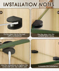 Installation steps for Rock Solid Black Glass Shelf Brackets 8 Pack With Mounting Screws, showcasing screw tightening and glass placement.