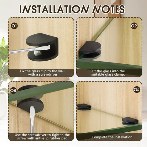 Installation steps for Rock Solid Black Glass Shelf Brackets 8 Pack With Mounting Screws, showcasing screw tightening and glass placement.
