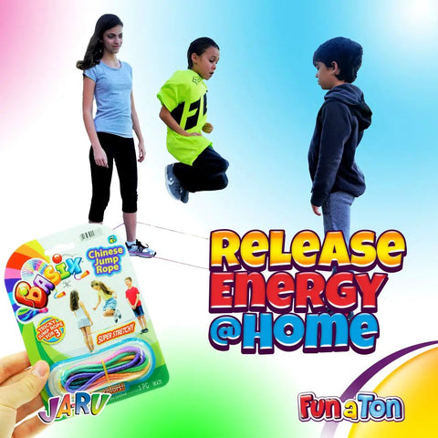 Children playing with Rainbow Color Chinese Jump Rope Set Of Two Elastic Jump Ropes For Kids 72 Inch Long Stretch Rope For Outdoor Games.