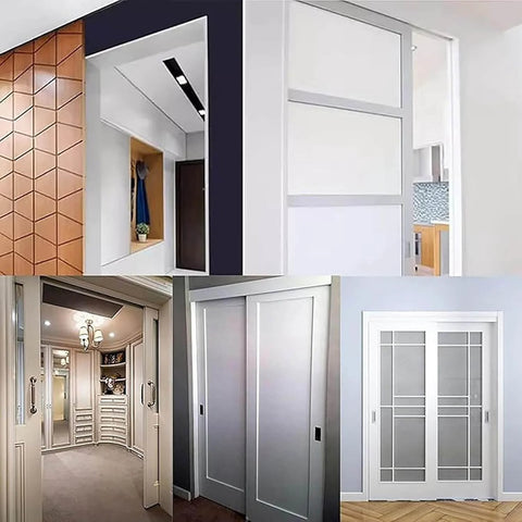 Smooth Sliding Closet Door Track Hardware Kit For 2 Bypass Doors 18-24mm Thick Wood, Champagne Floorless Barn Door Rails, installed view