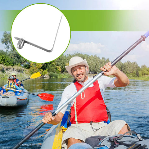 Man kayaking with 16 Pieces Canopy Push Button Clips Stainless Steel V Shaped Tent Pole Clips 8 Mm Spring Button Locks for gear