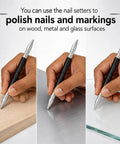 Pro Quality Two Piece Nail Setter Kit Featuring Dual End Spring Loaded Center Punch Tools on wood, metal, and glass surfaces.