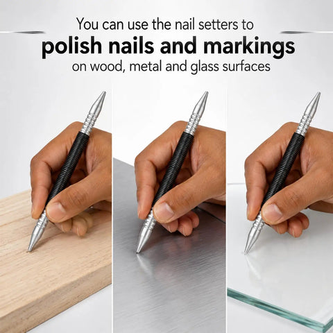 Pro Quality Two Piece Nail Setter Kit Featuring Dual End Spring Loaded Center Punch Tools on wood, metal, and glass surfaces.