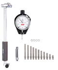2 To 6 Inch Dial Bore Gauge With 0.0005 Inch Graduation, Go-To High Precision Bore Inspection Tool With Two Point Contact For Accurate Internal Diameters, 9.5 Inch Stem, Carbide Anvils set, showing gauge and accessories.