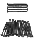 Built Tough Black Door Hinge Screws Size 8 By 2 And Three Quarter Inches Corrosion Resistant Carbon Steel Wood Fasteners laid out on a surface.