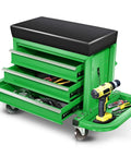 Rolling Mechanic Seat With 3 Drawers And Tool Tray 350 Lbs Capacity Green Heavy Duty Metal Frame Padded Cushion For Home Garage Auto Shop On Wheels With Locking Casters And Durable Steel Construction For Long Lasting Use, open drawers