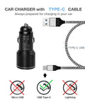Keep Your Rig Charged Dual Port Car Charger With Quick Charge 3.0 And Six Foot Heavy Duty Nylon Braided USB C Cable For Motorola Phones Universal 12 To 24V Plug and Play Fast Fueling On The Road, showing Type-C cable connection.