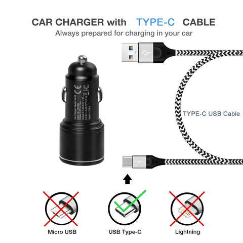 Keep Your Rig Charged Dual Port Car Charger With Quick Charge 3.0 And Six Foot Heavy Duty Nylon Braided USB C Cable For Motorola Phones Universal 12 To 24V Plug and Play Fast Fueling On The Road, showing Type-C cable connection.