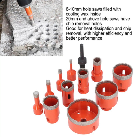 Cool Diamond Hole Saw Kit With 11 Pieces For Drilling Ceramic Tiles, Marble Granite Porcelain Stone And Glass Plus M14 Thread Vacuum Brazed Bits In 6 To 68mm Sizes That Get The Job Done Fast.