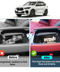 Comparison of BMW Center Console Organizer Tray for 2020 to 2026 X5 X6 X7 Models showing disorganized vs organized storage box