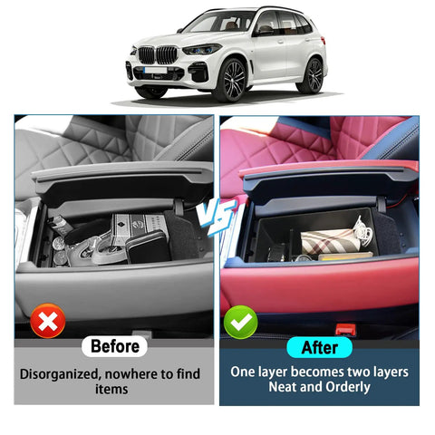 Comparison of BMW Center Console Organizer Tray for 2020 to 2026 X5 X6 X7 Models showing disorganized vs organized storage box