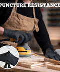 TitanFlex disposable black nitrile gloves, large size, worn while sanding wood; inset shows glove stretch.