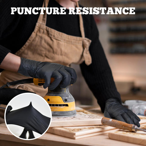 TitanFlex disposable black nitrile gloves, large size, worn while sanding wood; inset shows glove stretch.