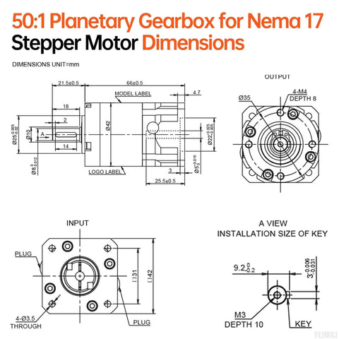 Technical drawing of 50 To 1 Planetary Gearbox For Nema 17 Stepper Motor Boosts Torque Fits 42 To 66 Mm Body, showcasing dimensions.