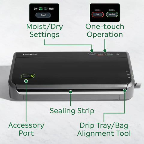 Automatic Vacuum Sealer Machine with bag detection and sous vide friendly design shown with sealing strip, accessory port.
