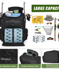 Large Fishing Backpack With Rod Holders, Waterproof 45L Tackle Box Pack open with fishing gear and dry compartments shown