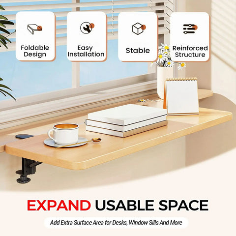 Fold Down Wall Mounted Desk Extender Tray And Side Table That Expands Your Space, with tea, books, near window