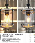 Rustic Wood And Glass Pendant Light With Matte Black Frame, Adjustable Farmhouse Lighting, illuminated with dimmable bulb, close-up view
