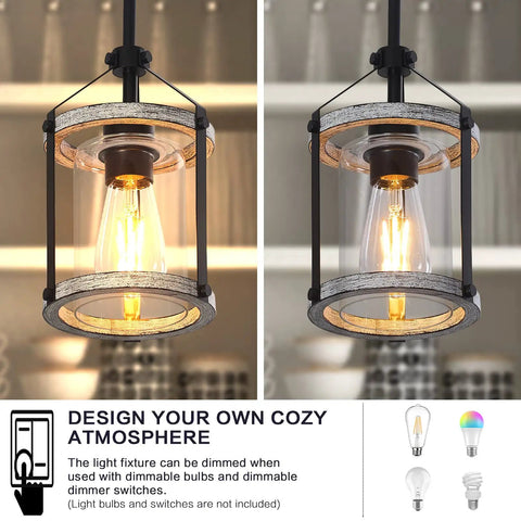 Rustic Wood And Glass Pendant Light With Matte Black Frame, Adjustable Farmhouse Lighting, illuminated with dimmable bulb, close-up view
