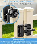 Close-up of Built Tough Self Closing Gate Hinges For Wood Vinyl PVC And Metal Gates with adjustable tension tool in use.
