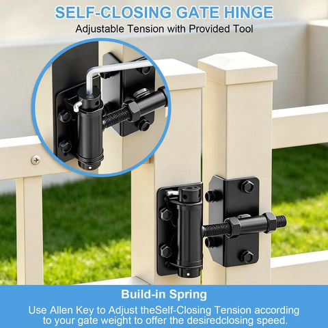 Close-up of Built Tough Self Closing Gate Hinges For Wood Vinyl PVC And Metal Gates with adjustable tension tool in use.