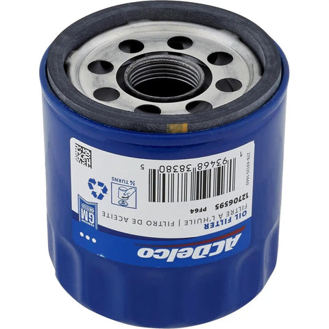Blue PF64 oil filter for cars and trucks, showing top view with visible threads and label. Premium Oil Filter PF64 For Cars And Trucks Easy Install