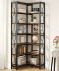 Seven Tier Corner Shelf Industrial Bookcase Crafted Tough To Clear The Decks Of Clutter While Holding Down All Your Gear And Keeping Every Nook Looking Sharp And Tidy, featuring wood shelves and metal frame.