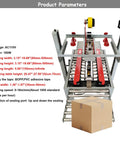 Heavy Duty 110V Automatic Box Sealer Machine With Double Flap Tape System for Fast Carton Packing, showing sealing parameters and specifications.