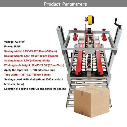 Heavy Duty 110V Automatic Box Sealer Machine With Double Flap Tape System for Fast Carton Packing, showing sealing parameters and specifications.