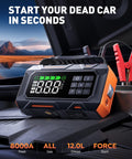 16-In-1 8000A Car Jump Starter With Air Compressor 160 PSI displayed on car dashboard with jumper cables