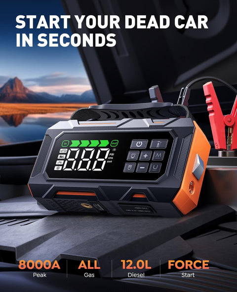 16-In-1 8000A Car Jump Starter With Air Compressor 160 PSI displayed on car dashboard with jumper cables