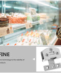 Heavy Duty Stainless Steel Glass Door Hinges With No Sweat Drill Free Mount For Tempered Glass Panels, displayed beside cake showcase.