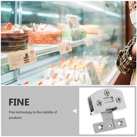 Heavy Duty Stainless Steel Glass Door Hinges With No Sweat Drill Free Mount For Tempered Glass Panels, displayed beside cake showcase.