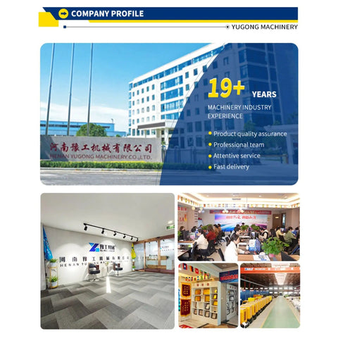 Company profile showing Henan Yugong Machinery Co. Ltd. headquarters and team in professional workspace and meeting rooms.