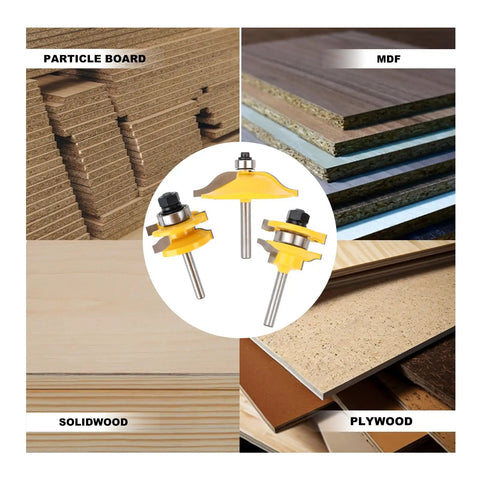 Three Piece One Quarter Inch Shank Round Over Cove Router Bit Set For Woodworking Dope with particle board, MDF, solid wood, plywood
