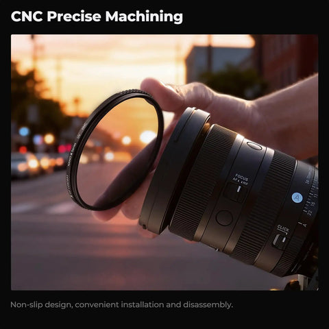67mm MCUV Lens Protection Filter for Cameras being attached to lens, focusing on ultra slim design, shields against dust and scratches.
