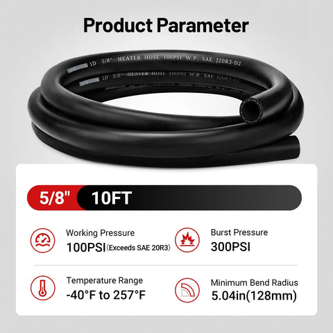 Front view of EVIL ENERGY 5/8-inch heater hose, 10 ft, black rubber coolant hose with 10 clamps.
