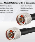 10 Pack N Male Crimp Connector For RG8X LMR240 CNT240 KMR240 Mini8 4D FB Belden 9258 Coax Cables close-up with cable models