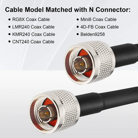 10 Pack N Male Crimp Connector For RG8X LMR240 CNT240 KMR240 Mini8 4D FB Belden 9258 Coax Cables close-up with cable models